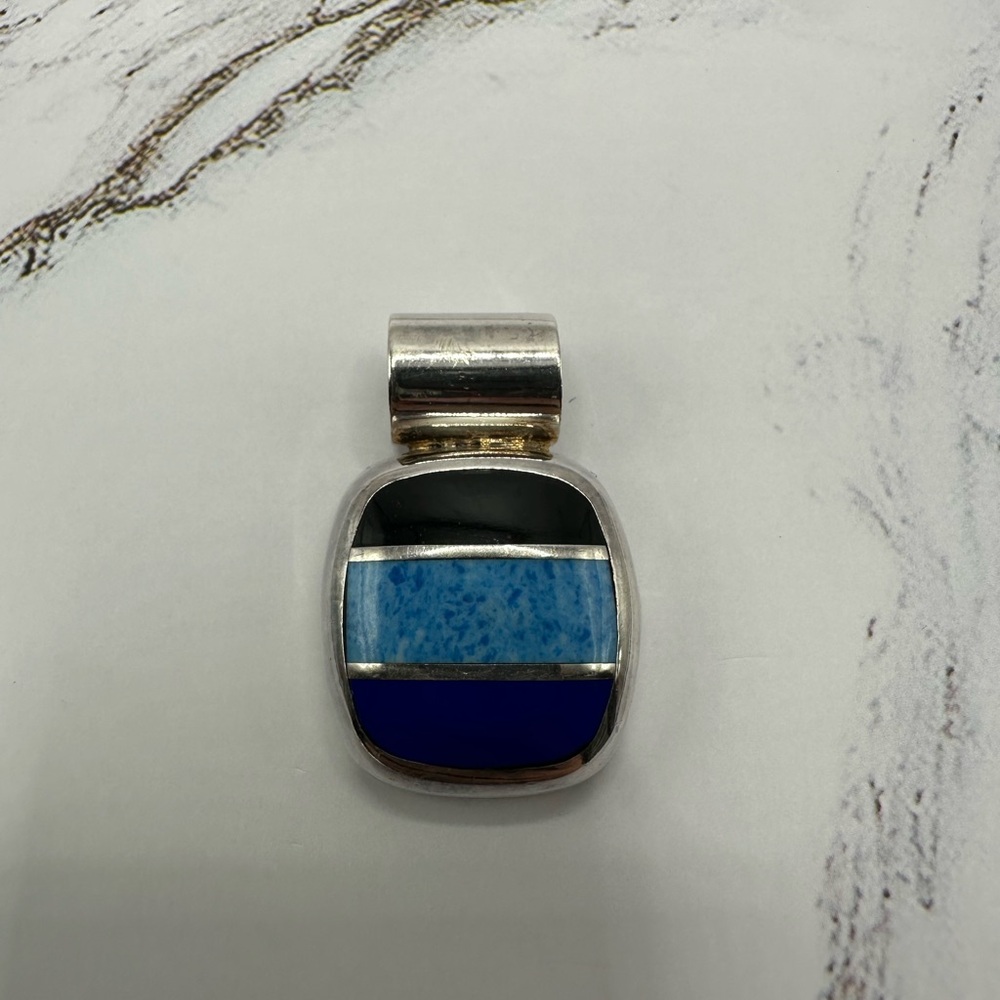 Taxco Silver Pendant with Black Onyx and Lapis& Blue Turquoise